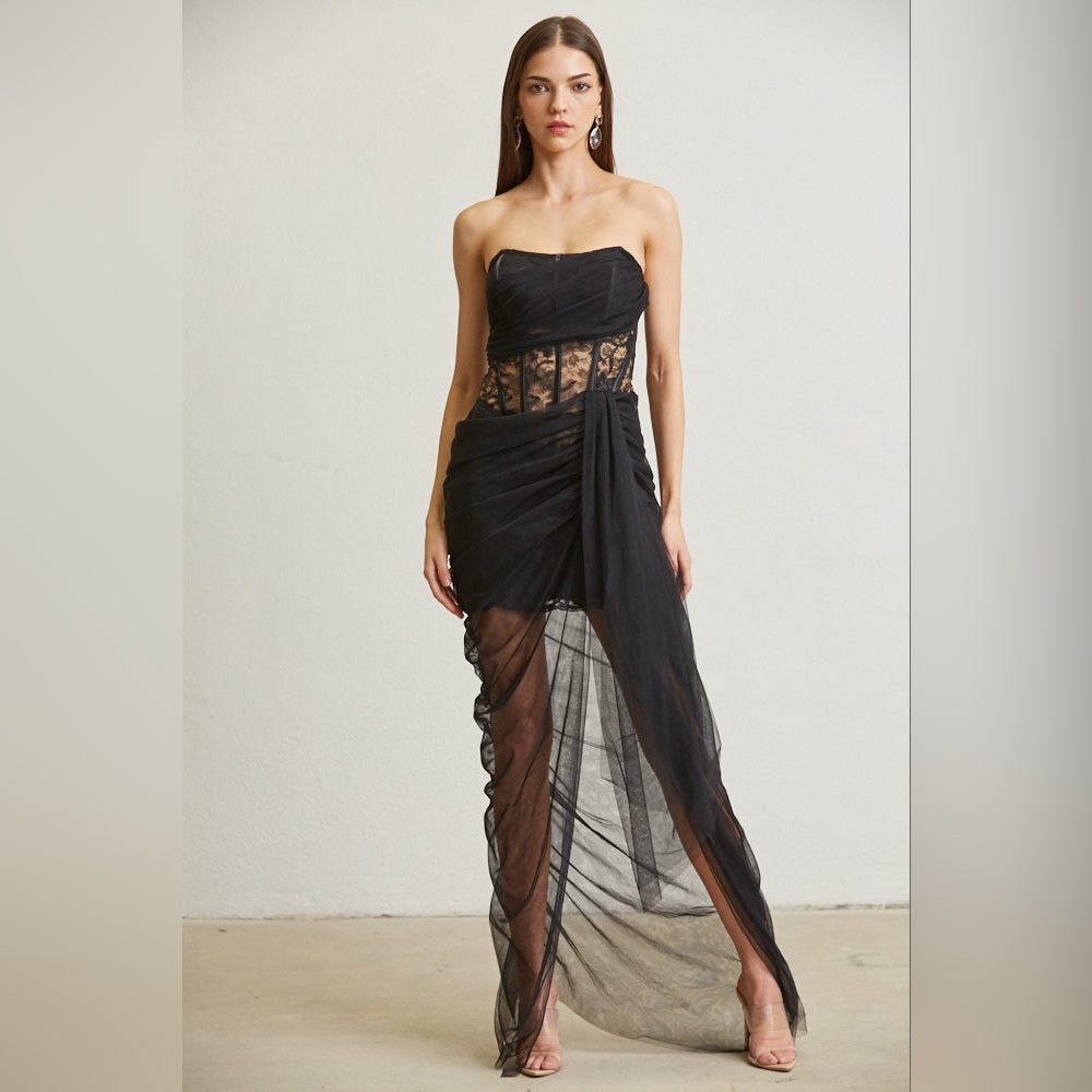 Sheer Lace Bodice Mini Dress with Tulle Draping Overlay - BLITHE